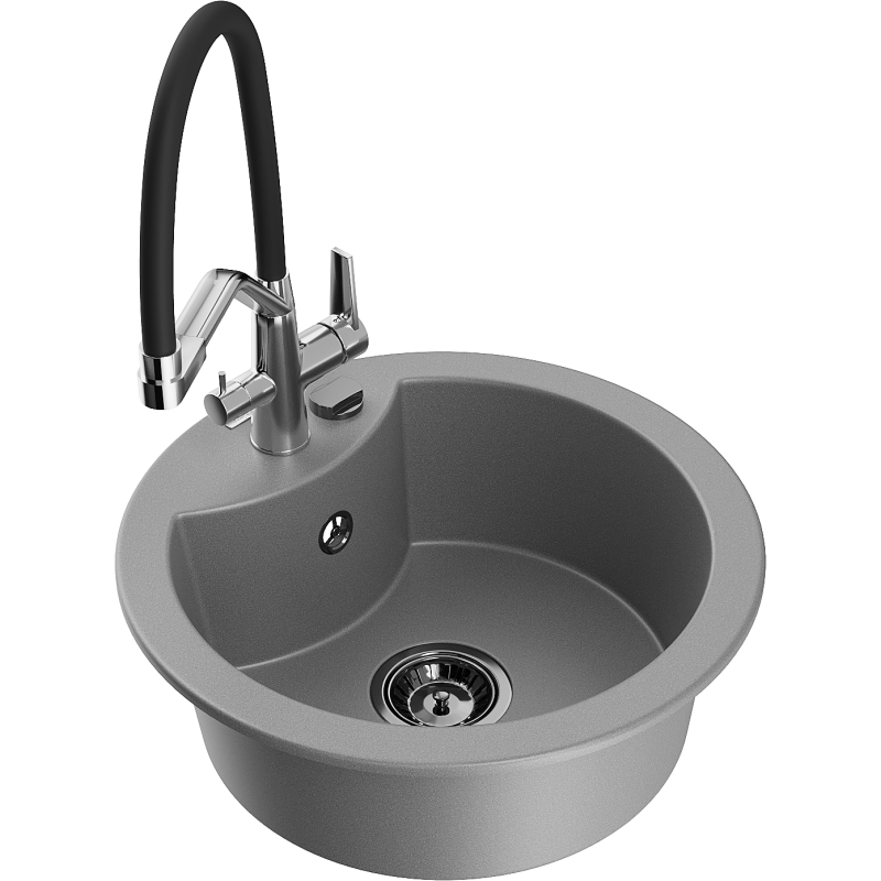 Mexen Diego 1-bowl granite kitchen sink with Duo tap, grey - 6512-71-671701-07-B