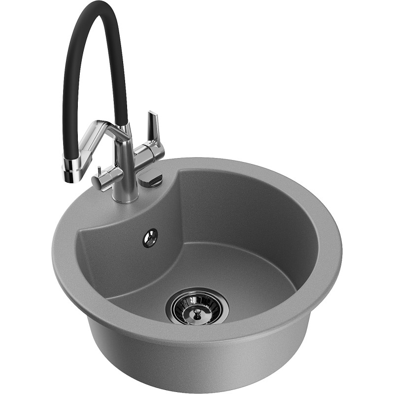 Mexen Diego fregadero de granito de 1 compartimento con grifo de cocina Duo, gris - 6512-71-671701-07-B