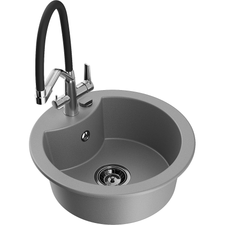 Mexen Diego 1-bowl granite kitchen sink with Duo tap, grey - 6512-71-671701-07-B