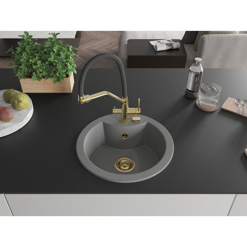 Mexen Diego 1-bowl granite kitchen sink with Duo tap, grey - 6512-71-671701-57-G