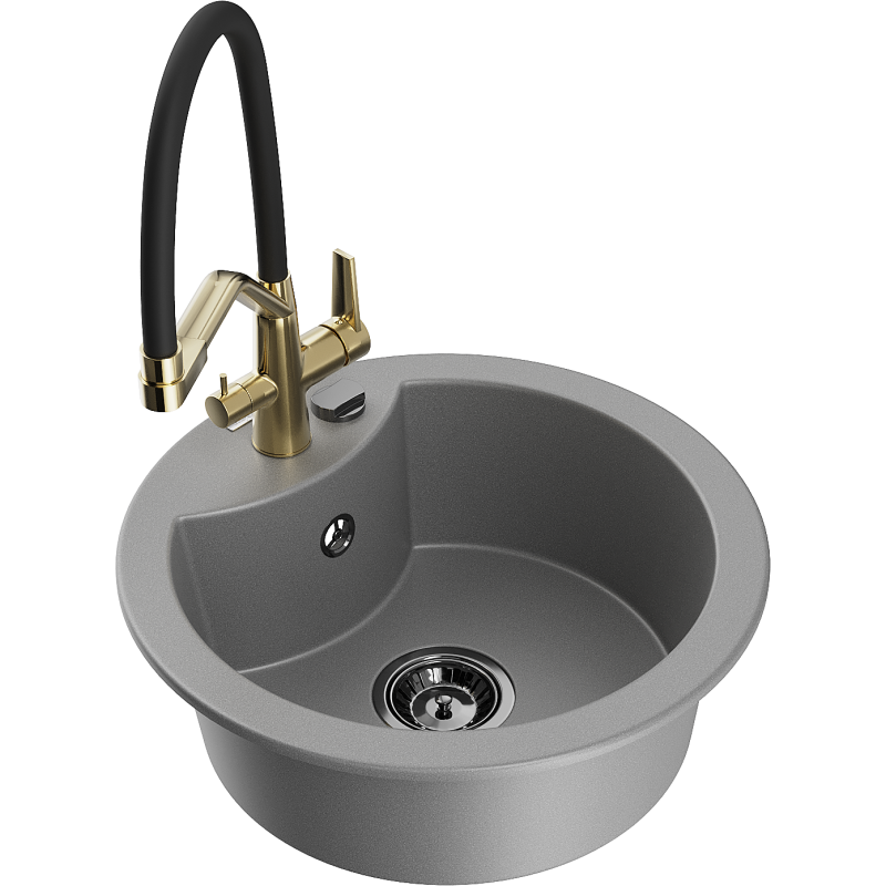 Mexen Diego Granitabwaschbecken 1-kompeg mat Kichenbatterie Duo, gro - 6512-71-671701-57-B