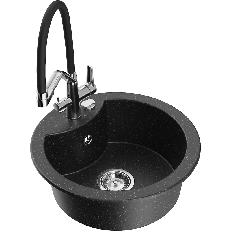 Mexen Diego lava-loiça de granito de 1 bacia com misturadora de cozinha Duo, preto/prateado metalizado - 6512-73-671701-07