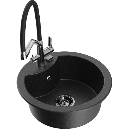 Mexen Diego 1-bowl granite sink with Duo kitchen faucet, black/silver metallic - 6512-73-671701-07-B