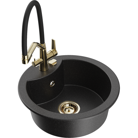Mexen Diego Granitspüle 1-Becken mit Küchenarmatur Duo, schwarz/silber metallic - 6512-73-671701-57-G