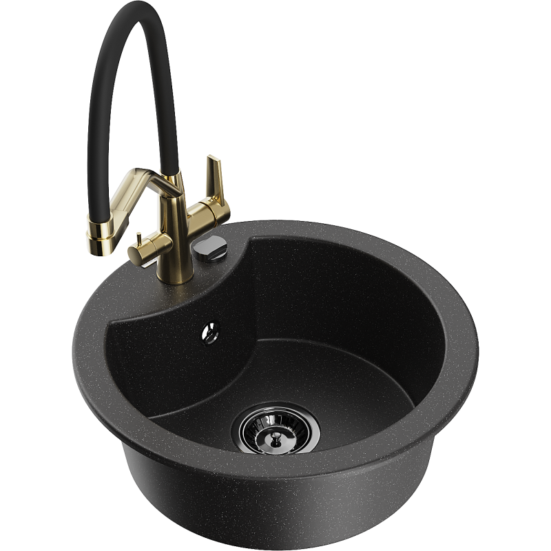 Mexen Diego granite kitchen sink single-bowl with Duo kitchen tap, black/silver metallic - 6512-73-671701-57-B