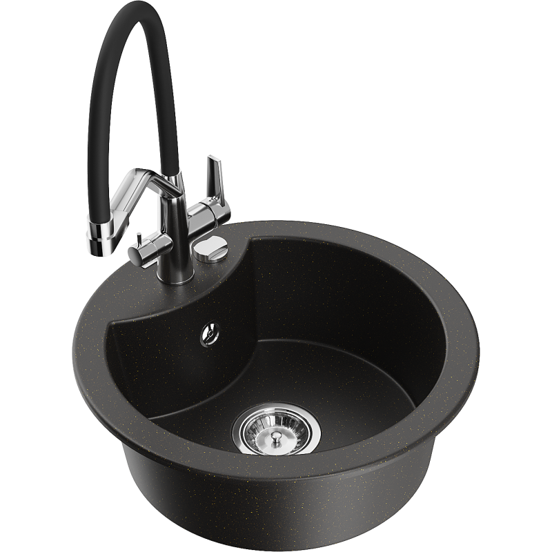 Mexen Diego fregadero de granito de 1 cubeta con grifo de cocina Duo, negro/dorado metálico - 6512-75-671701-07