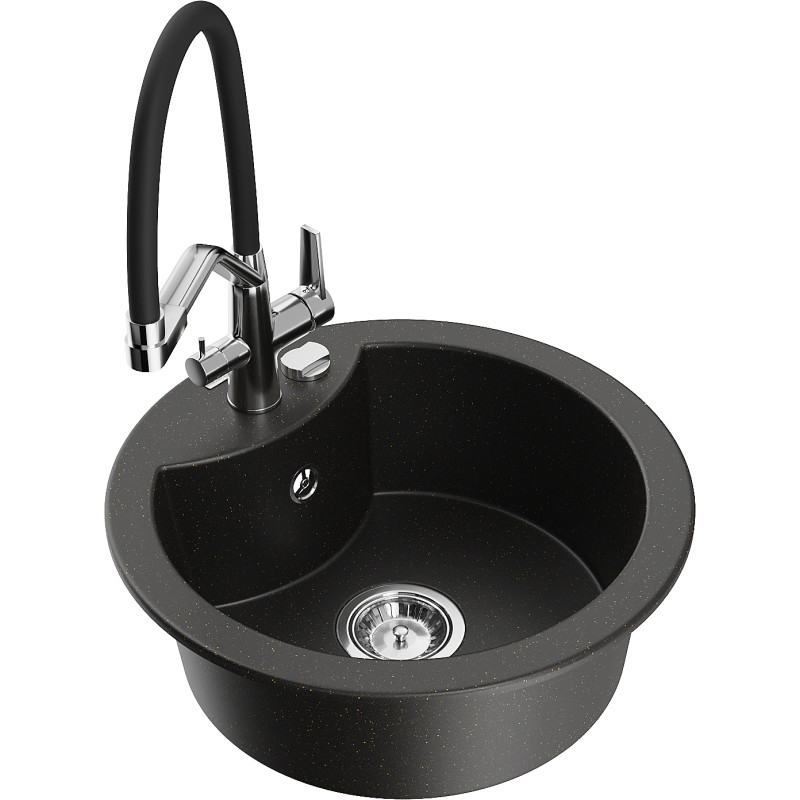 Mexen Diego granit gootsteen 1-komp met keukenkraan Duo, zwart/goud metallic - 6512-75-671701-07