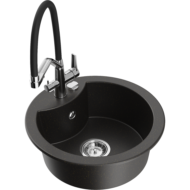 Mexen Diego granite sink, 1-bowl with Duo kitchen tap, black/gold metallic - 6512-75-671701-07