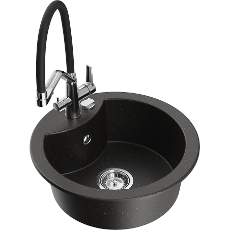 Mexen Diego granite sink, 1-bowl with Duo kitchen tap, black/gold metallic - 6512-75-671701-07