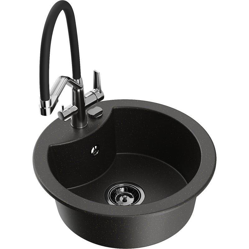 Mexen Diego Granitspüle 1-Becken mit Küchenarmatur Duo, schwarz/gold metallic - 6512-75-671701-07-B