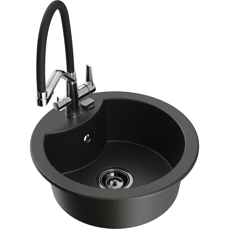 Mexen Diego lava-louça de granito de 1 bacia com torneira de cozinha Duo, preto/dourado metálico - 6512-75-671701-07-B