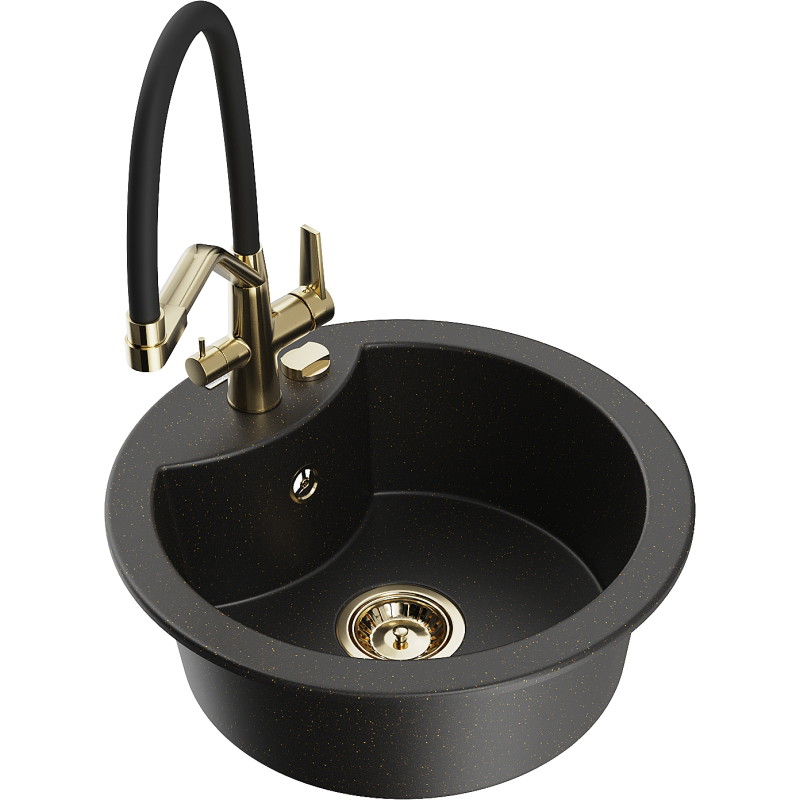 Mexen Diego fregadero de granito de 1 seno con grifo de cocina Duo, negro/dorado metálico - 6512-75-671701-57-G