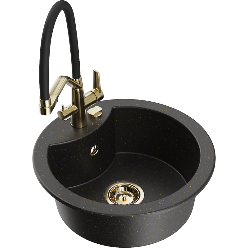 Mexen Diego granieten spoelbak met 1 bak, keukenmengkraan Duo, zwart/goud metallic - 6512-75-671701-57-G