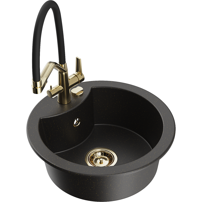 Mexen Diego lava-louça de granito de uma cuba com torneira de cozinha Duo, preto/dourado metálico - 6512-75-671701-57-G