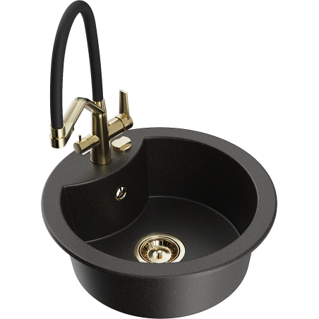 Mexen Diego granieten spoelbak met 1 bak, keukenmengkraan Duo, zwart/goud metallic - 6512-75-671701-57-G