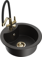 Mexen Diego 1-bowl granite sink with Duo kitchen faucet, black/gold metallic - 6512-75-671701-57-G
