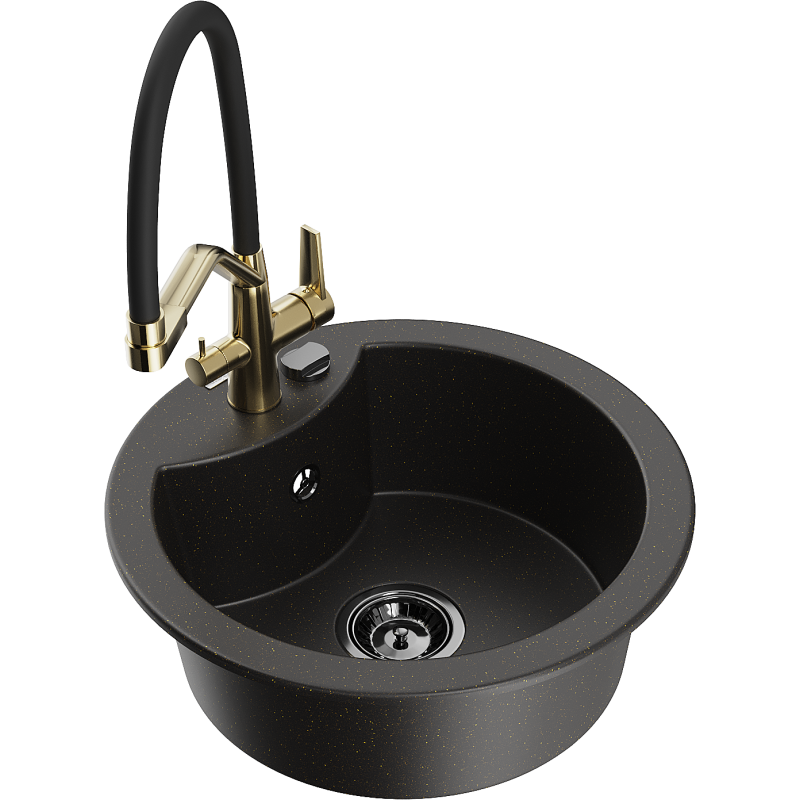 Mexen Diego granite sink 1-bowl with Duo kitchen tap, black/gold metallic - 6512-75-671701-57-B