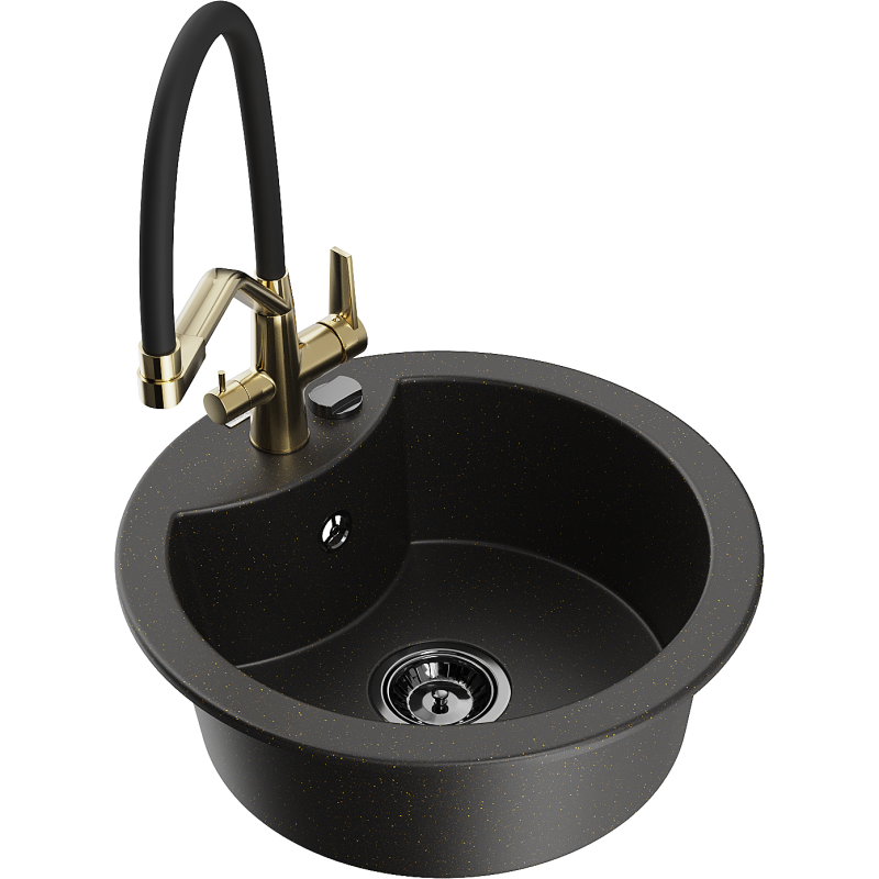 Mexen Diego lava-louça de granito de 1-cuba com torneira de cozinha Duo, preto/dourado metálico - 6512-75-671701-57-B