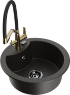 Mexen Diego lavello in granito a una vasca con miscelatore da cucina Duo, nero/oro metallizzato - 6512-75-671701-57-B