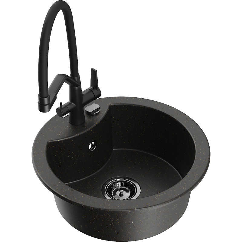 Mexen Diego lava-loiça em granito de uma cuba com torneira de cozinha Duo, preto/dourado metálico - 6512-75-671701-70-B