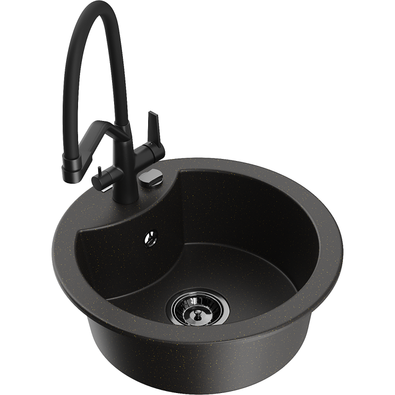 Mexen Diego lavello da cucina in granito a 1 vasca con miscelatore Duo, nero/oro metallico - 6512-75-671701-70-B