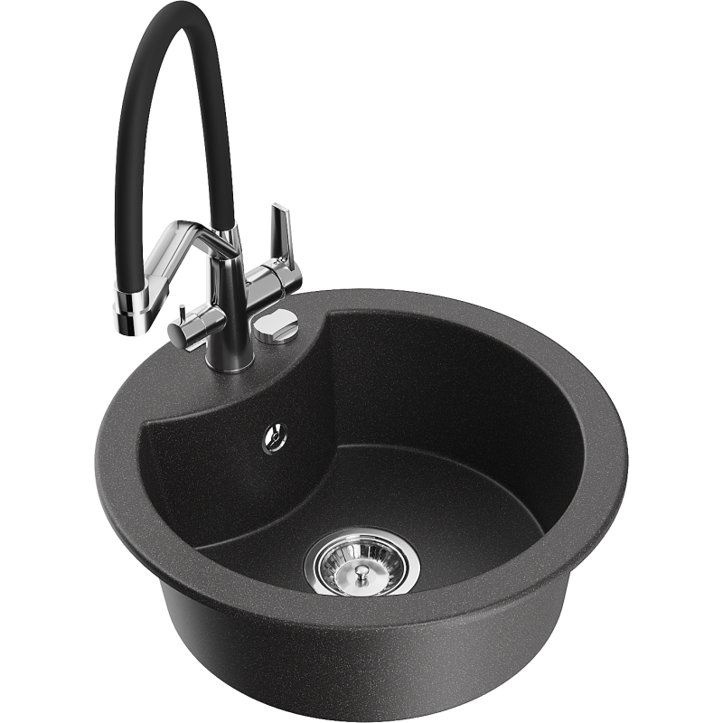 Mexen Diego fregadero de granito 1-cubeta con grifo de cocina Duo, negro moteado - 6512-76-671701-07