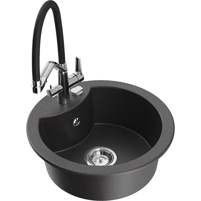 Mexen Diego Granite Sink 1-Bowl with Duo Kitchen Tap, Black Speckled - 6512-76-671701-07
