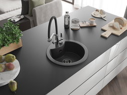 Mexen Diego 1-Bowl Granite Sink with Duo Kitchen Tap, Black Flecked - 6512-76-671701-07-B