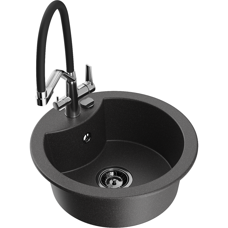 Mexen Diego granitdiskbänk med 1 fack och Duo-köksblandare, svart prickig - 6512-76-671701-07-B