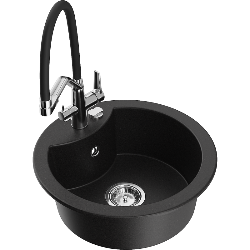 Mexen Diego lava-louça de granito de 1 cuba com torneira de cozinha Duo, preto - 6512-77-671701-07