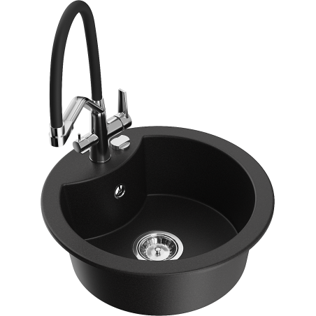 Mexen Diego Granite Sink 1-Bowl with Duo Kitchen Tap, Black - 6512-77-671701-07