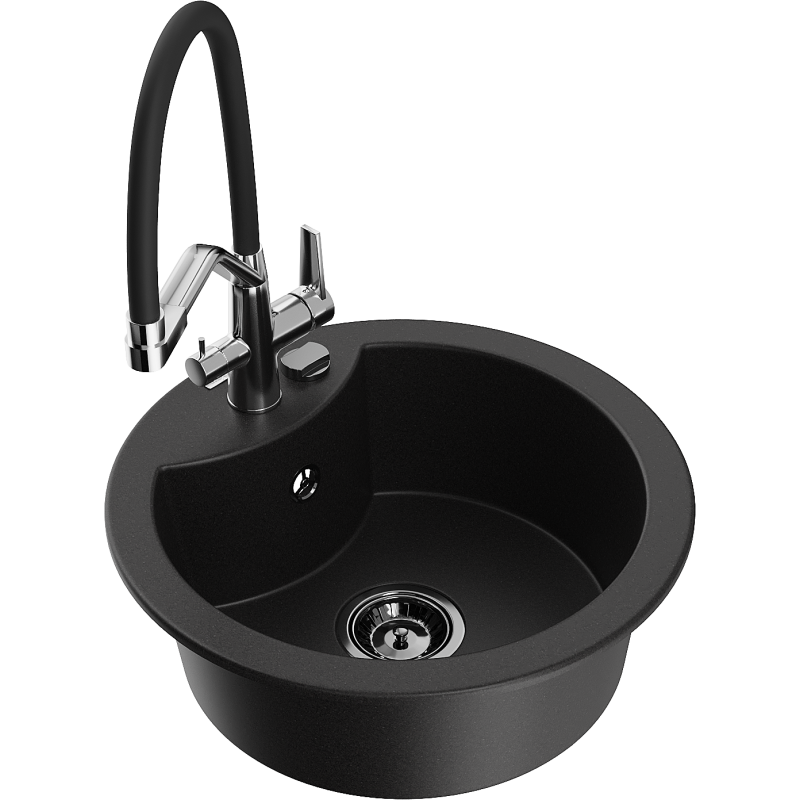 Mexen Diego 1-bowl granite kitchen sink with Duo kitchen tap, black - 6512-77-671701-07-B