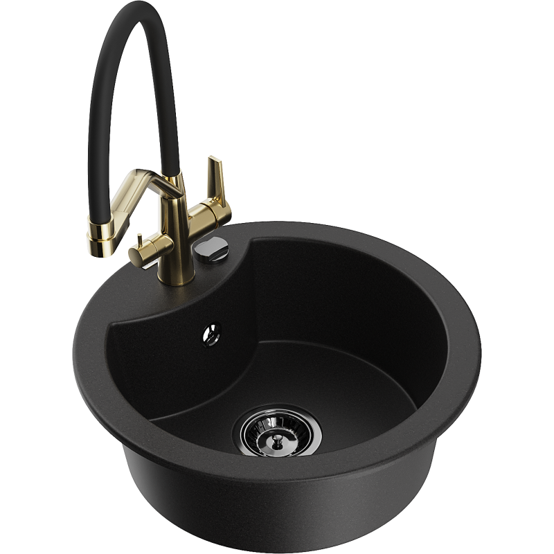 Mexen Diego 1-bowl granite kitchen sink with Duo tap, black - 6512-77-671701-57-B
