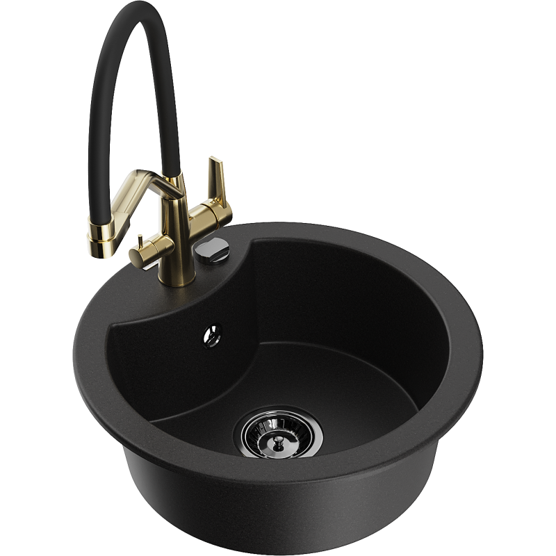 Mexen Diego fregadero de granito de 1 cubeta con grifo de cocina Duo, negro - 6512-77-671701-57-B