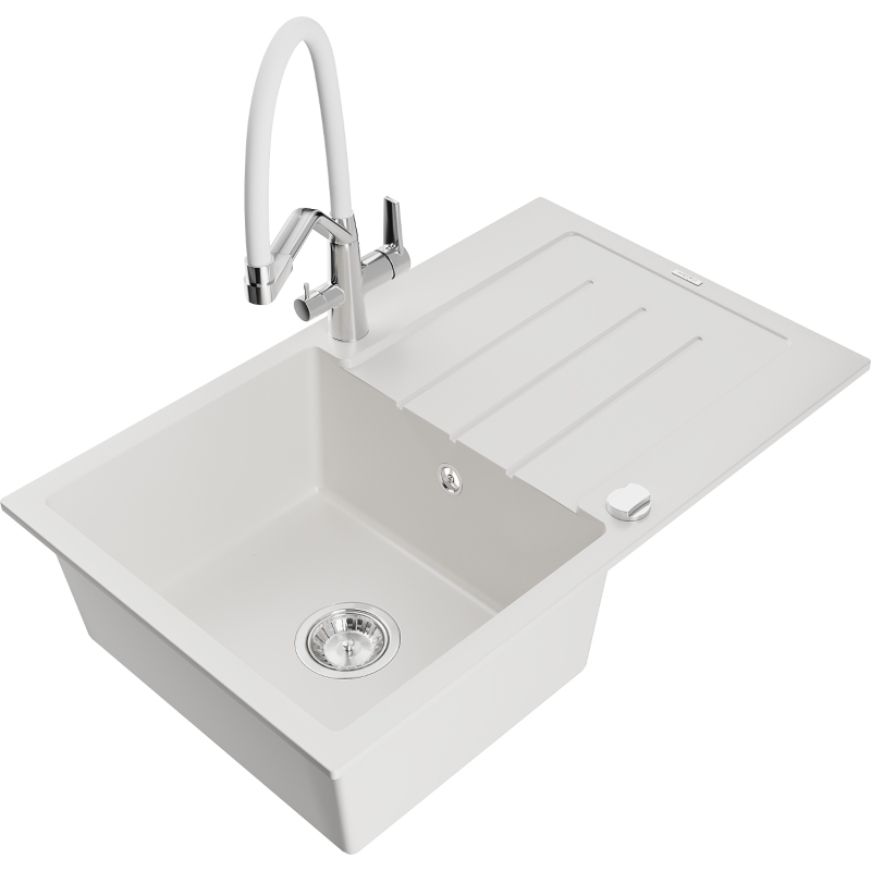 Mexen Bruno 1-bowl granite sink with drainer and Duo kitchen tap, white - 6513-20-671701-02