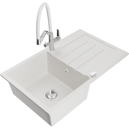 Mexen Bruno 1-bowl granite sink with drainer and Duo kitchen tap, white - 6513-20-671701-02