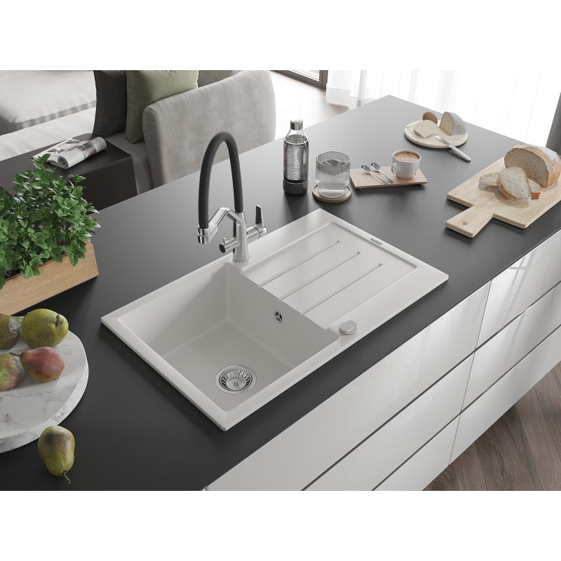 Mexen Bruno single-bowl granite sink with drainer and Duo kitchen tap, white - 6513-20-671701-07
