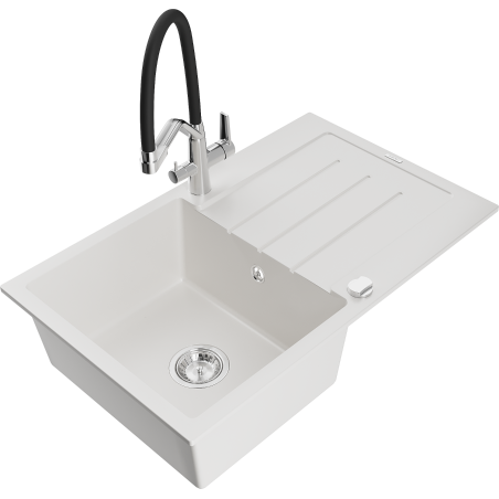 Mexen Bruno single-bowl granite sink with drainer and Duo kitchen tap, white - 6513-20-671701-07