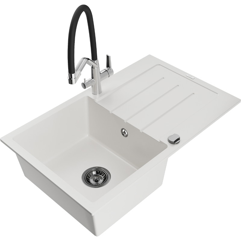 Mexen Bruno fregadero de granito de 1 tazón con escurridor y grifo de cocina Duo, blanco - 6513-20-671701-07-B