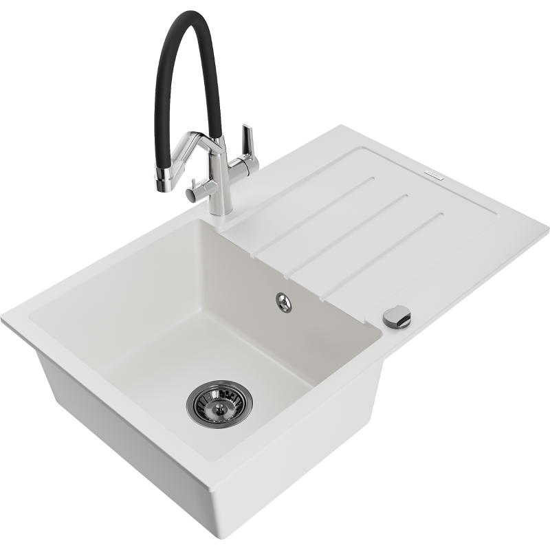 Mexen Bruno lava-loiça de granito de 1 bacia com escorredor e torneira de cozinha Duo, branco - 6513-20-671701-07-B