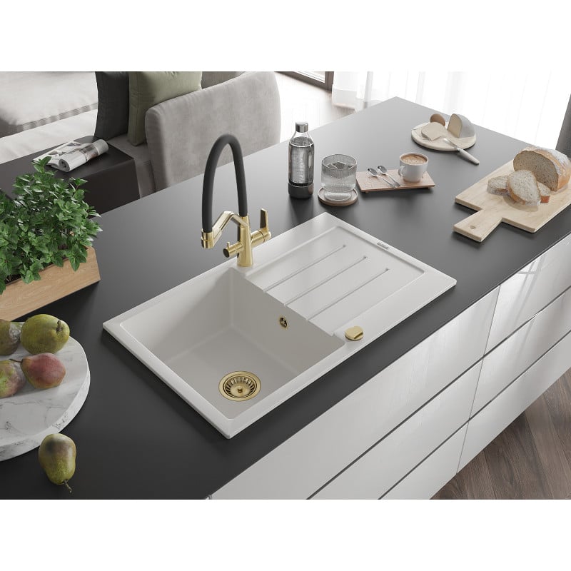 Mexen Bruno fregadero de granito de 1 seno con escurridor y grifo de cocina Duo, blanco - 6513-20-671701-57-G