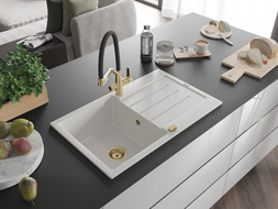 Mexen Bruno fregadero de granito de 1 seno con escurridor y grifo de cocina Duo, blanco - 6513-20-671701-57-G