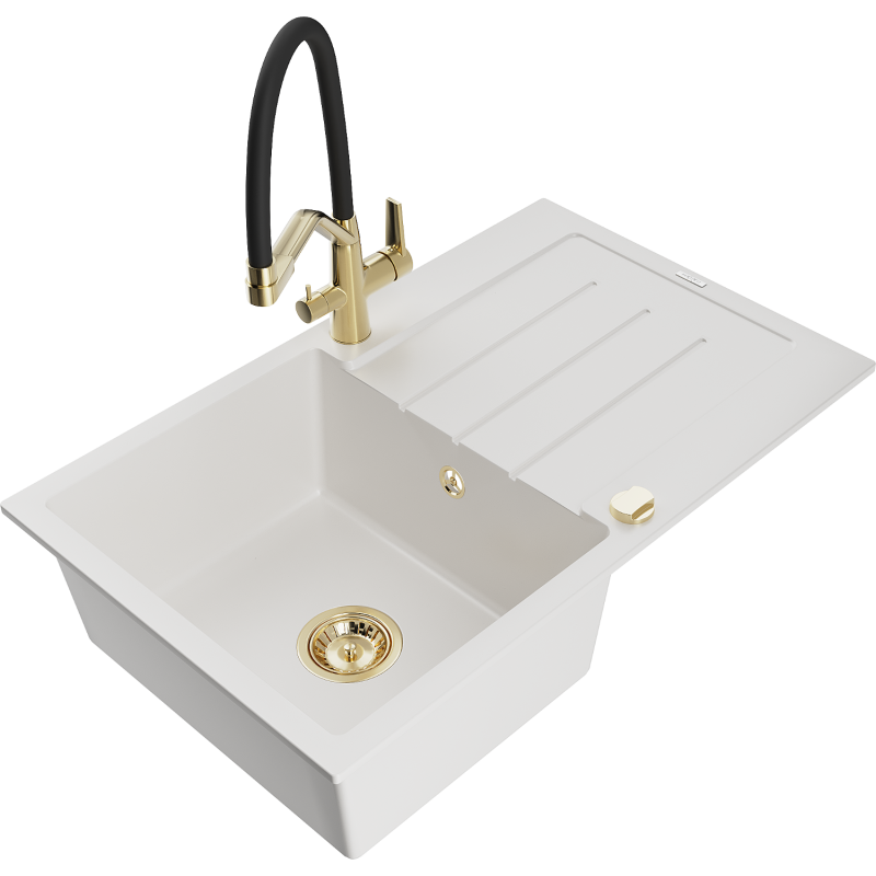 Mexen Bruno lava-louça de granito de 1 cuba com escorredor e torneira de cozinha Duo, branco - 6513-20-671701-57-G