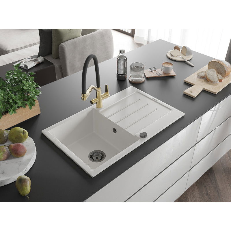 Mexen Bruno fregadero de granito de 1 seno con escurridor y grifo de cocina Duo, blanco - 6513-20-671701-57-B