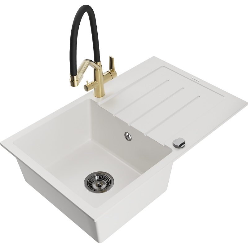 Mexen Bruno granitdiskho med 1 fack med avrinning och köksblandare Duo, vit - 6513-20-671701-57-B