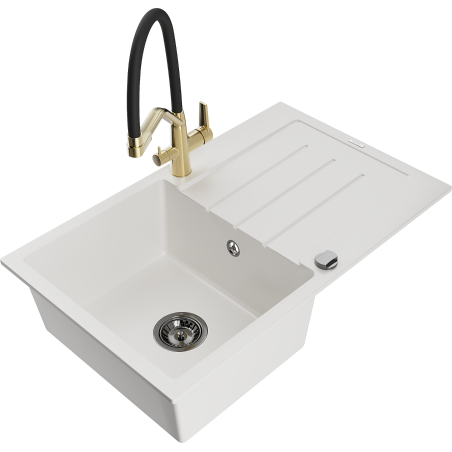 Mexen Bruno Granitspüle 1-becken mit Abtropffläche und Küchenarmatur Duo, weiß - 6513-20-671701-57-B