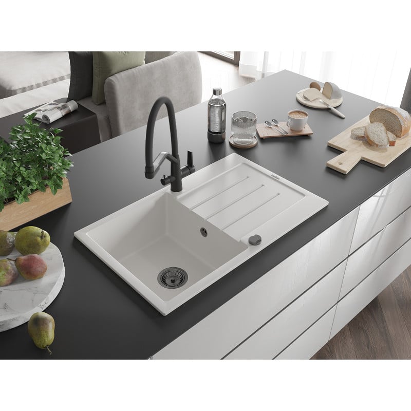 Mexen Bruno fregadero de granito de 1 cubeta con escurridor y grifo de cocina Duo, blanco - 6513-20-671701-70-B