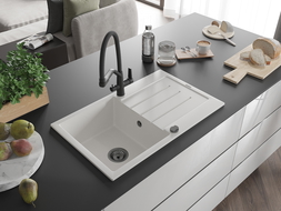 Mexen Bruno fregadero de granito de 1 cubeta con escurridor y grifo de cocina Duo, blanco - 6513-20-671701-70-B