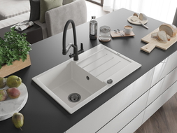 Mexen Bruno Granitspüle 1-Becken mit Abtropffläche und Küchenarmatur Duo, Weiß - 6513-20-671701-70-B