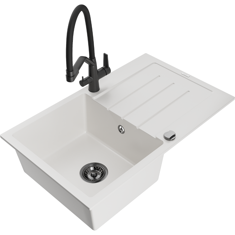 Mexen Bruno fregadero de granito de 1 cubeta con escurridor y grifo de cocina Duo, blanco - 6513-20-671701-70-B